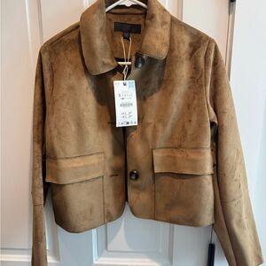 Zara Suede Crop Jacket in Tan Brown